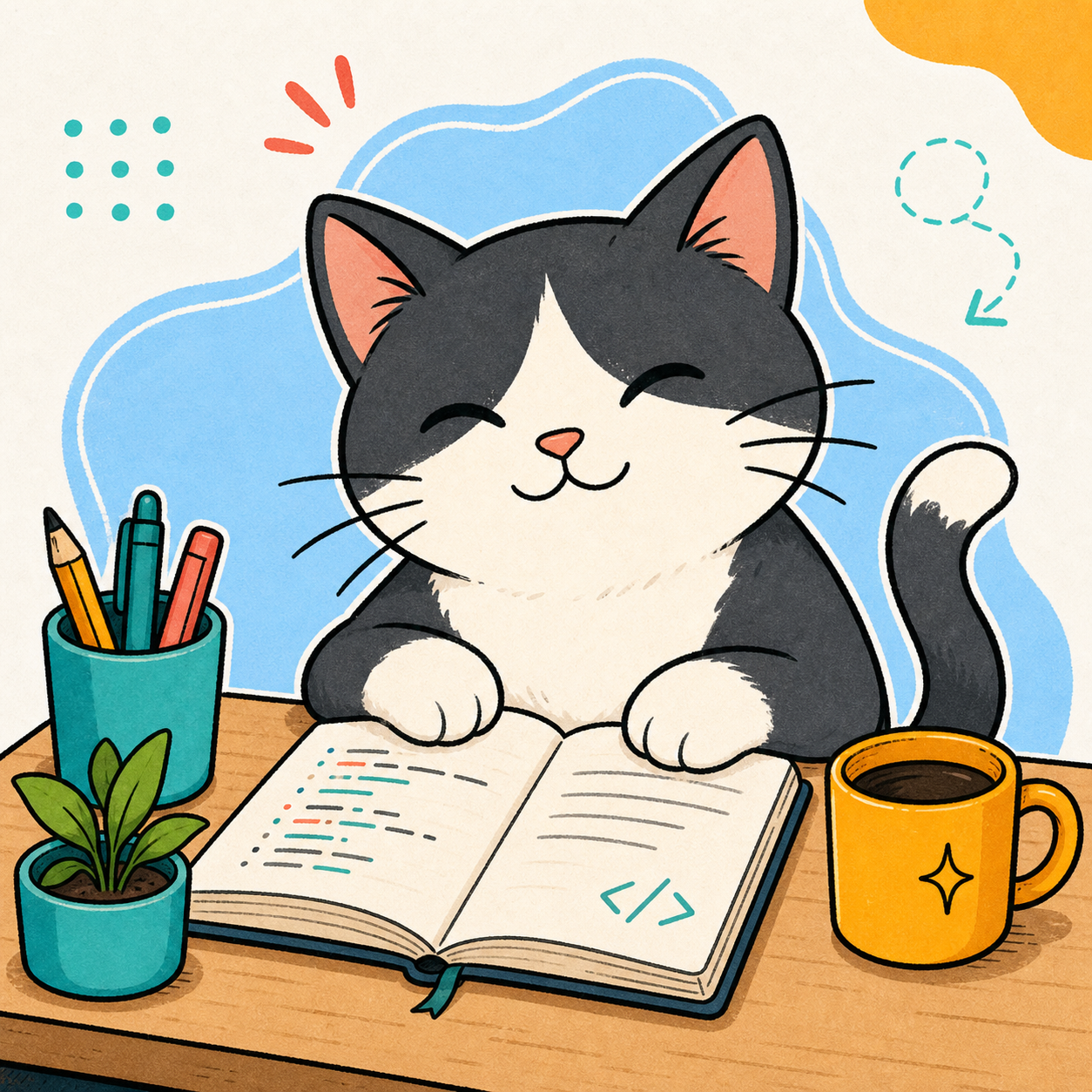 Cartoon cat reading a coding notebook